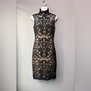 NEW Black Beige Sheath Floral Lace Dress High Mock Neck Sleeveless Wedding Guest
